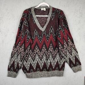 Vintage King Size Sweater Mens XL Tall Burgundy V Neck Chevron Knit Made USA 90s